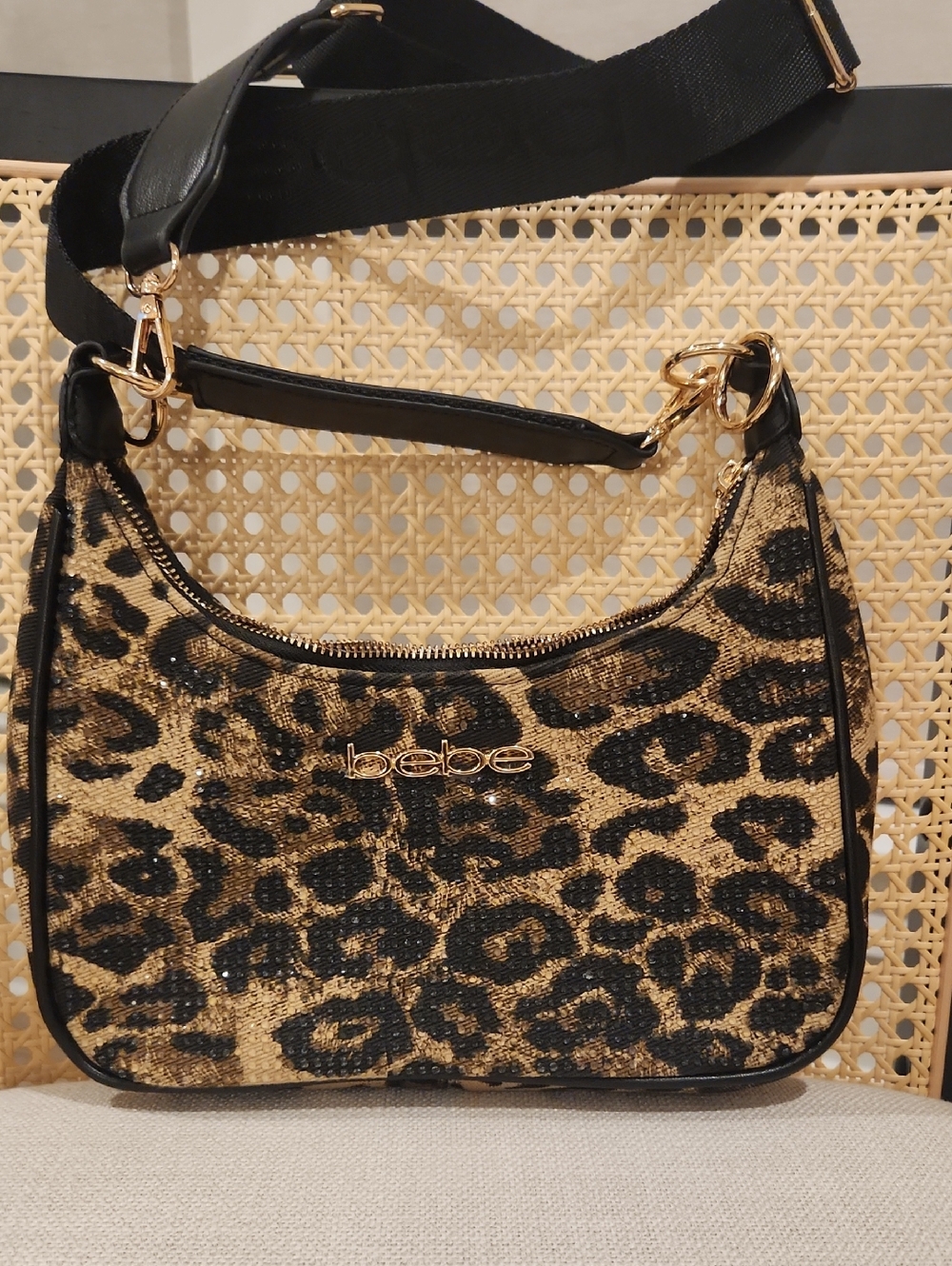 bebe Leopard-Print Shoulder Bag in Gold and Black